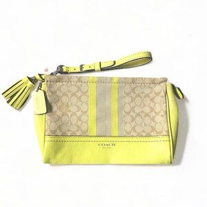 VINTAGE - Coach Khaki Citrine Yellow Signature Stripe Large Wristlet Clutch